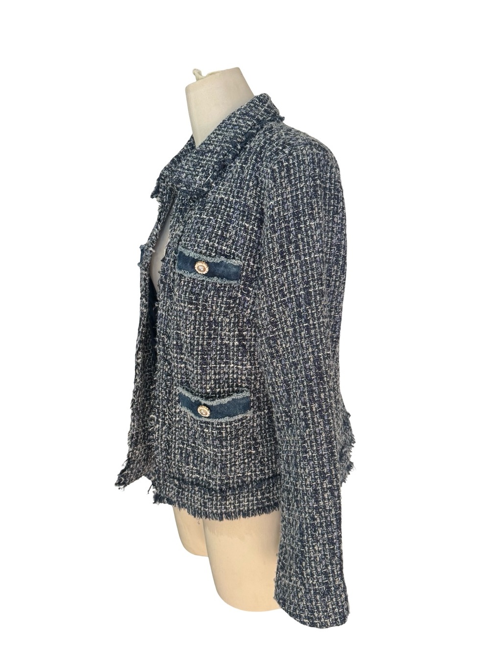 Nanette Lepore Blue‎ Tweed Jacket Women’s  Frayed Trim Metallic Blazer  Coat - Picture 4 of 9